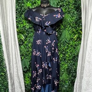 Indulge Dress 1X Floral Navy Blue‎ Hi-Lo Maxi Off-Shoulder Ruffle Boho 3047